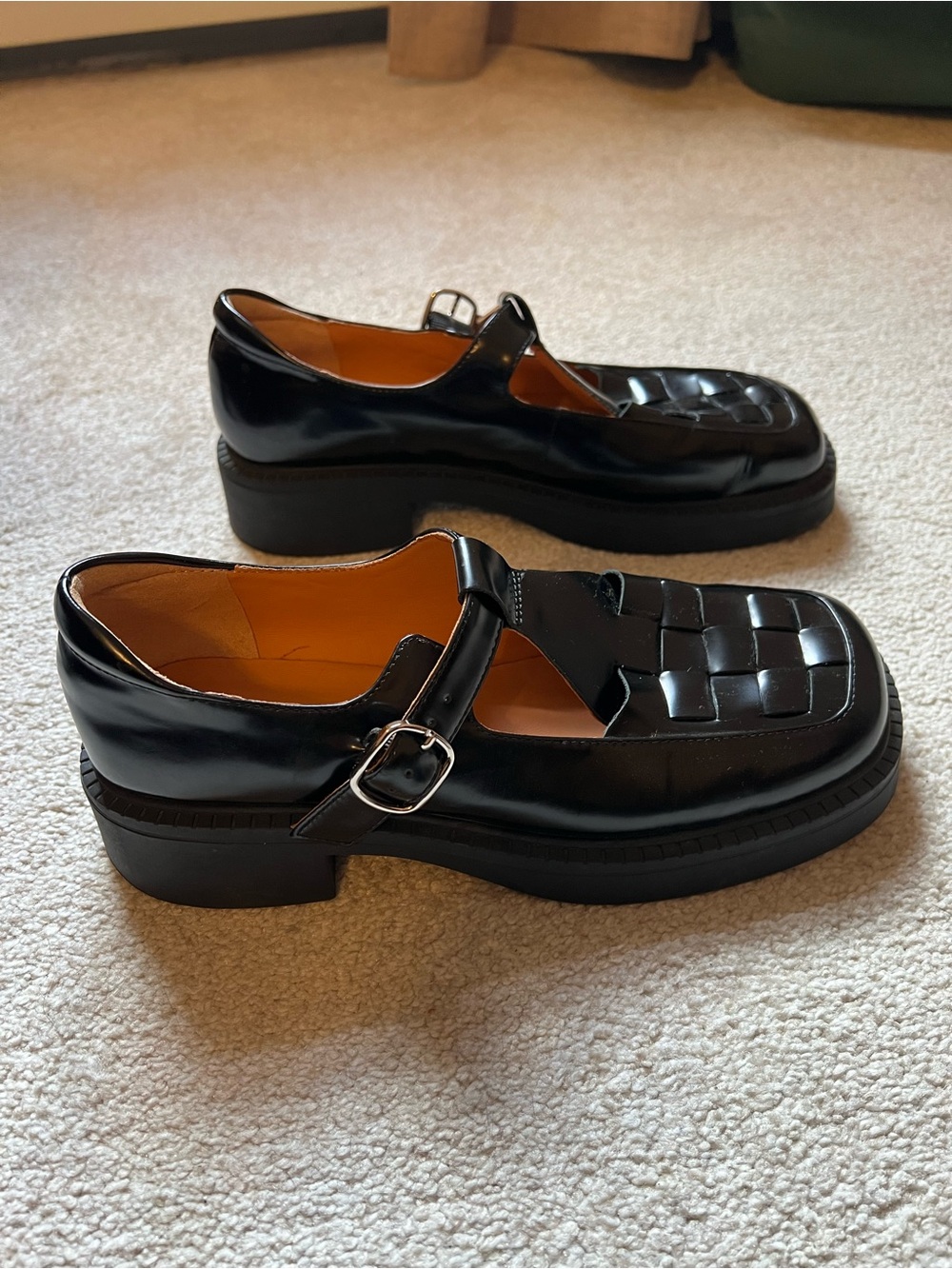 Women’s. Black T-Strap Woven Leather Chunky Shoes - Picture 8 of 15